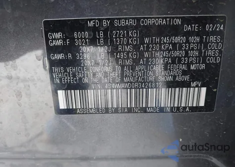 2024 Subaru Ascent Touring 7-Passenger из США, поврежденный, VIN 4S4WMAWD0R3426812